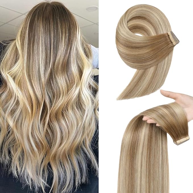Human Hair Tape in Extensions Balayage Medium Brown Mixed Dark Blonde 22 Inch 20pcs Seamless Skin Weft Tape in Hair Extensions Straight Double Sided Remy Invisible Tape in Hair (10/10/22#,22 Inch)