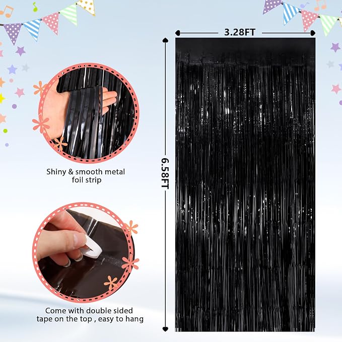 GCB 2Pack Black Metallic Tinsel Foil Fringe Curtains, Photo Booth Props - Image 3