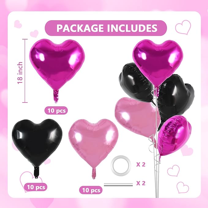 TONIFUL 30 Pcs 18 Inch Pink Black Hot Pink Heart Shape Foil Mylar Balloons | - Image 2