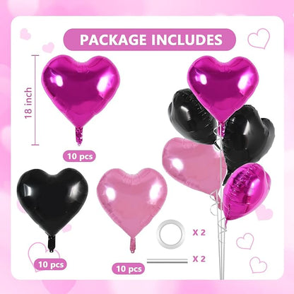 TONIFUL 30 Pcs 18 Inch Pink Black Hot Pink Heart Shape Foil Mylar Balloons | - Image 2