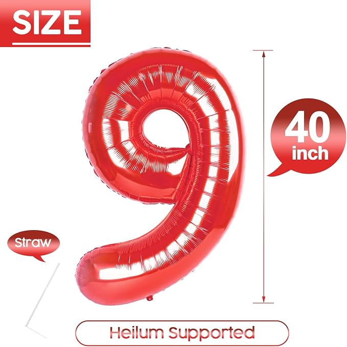 9 Balloon - Red Birthday Number Balloons, 40 Inch Decorations Men Women | Red - Image 5