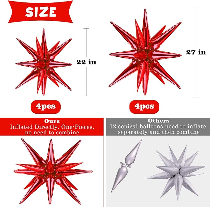 8 Pcs Red Star Balloons, 27/22 inch One-Piece Explosion Balloons Aluminum Foil - Image 2