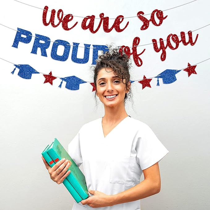 We Are So Proud of You Banner Prestrung Red and Blue Graduation Banner - Image 5