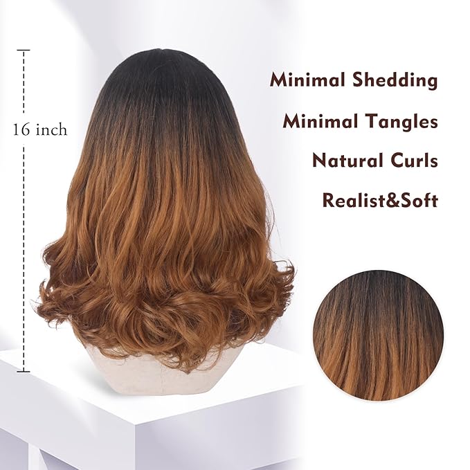 Wig with Bangs for Women | 16 Inch Layered Body Wave Synthetic Wig | Heat Resistant Yaki Fiber Natural Looking Shoulder Length Wigs | Synthetic Wig for Daily Wear - Ombre Black to Copper Brown
