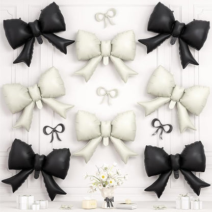 8Pcs Black White Bow Foil Balloons, 21Inch Black and White Bow Shaped Balloons by Hapmori