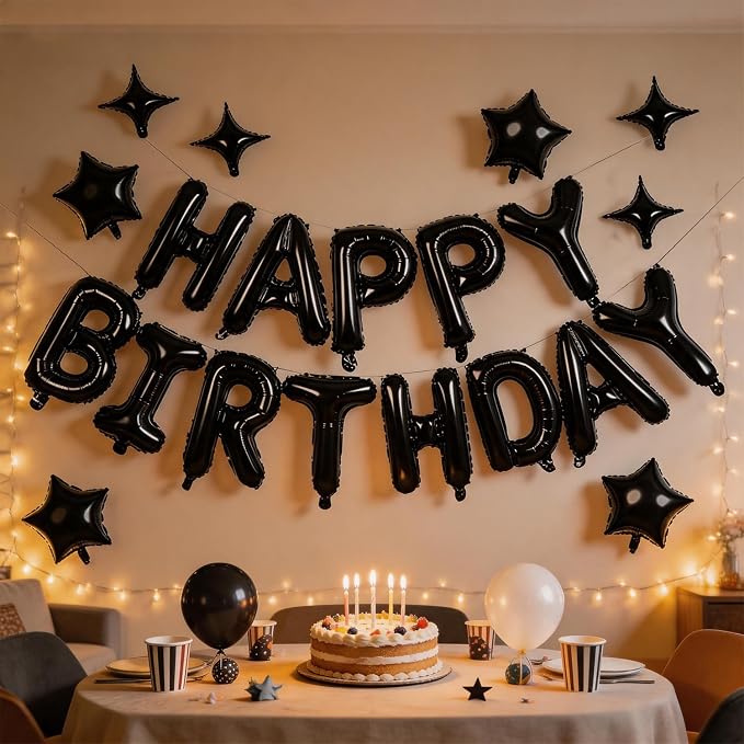 Black Happy Birthday Balloons Banner 16 Inch Mylar Foil Letters, 10 Inch Five & - Image 2