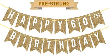 Netnology Pre-Strung Gold Glitter 60th Happy Birthday Banner Decorations | 12 by Netnology