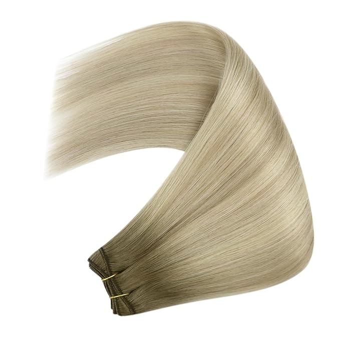 YoungSee Blonde Human Hair Weft Extensions Long Straight Hair Extensions Sew in Ombre Double Weft Human Hair Extension Ash Blonde Mix Platinum Blond Balayage 24Inch 100G