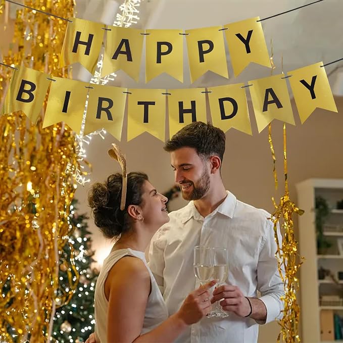 Gold Happy Birthday Banner, Pre-Strung Gold and Black Birthday Party Decorations - Image 3