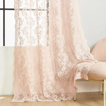Blush Pink Lace Curtains 63 Inch Length 2 Panels set Victorian Floral Curtains - Image 5