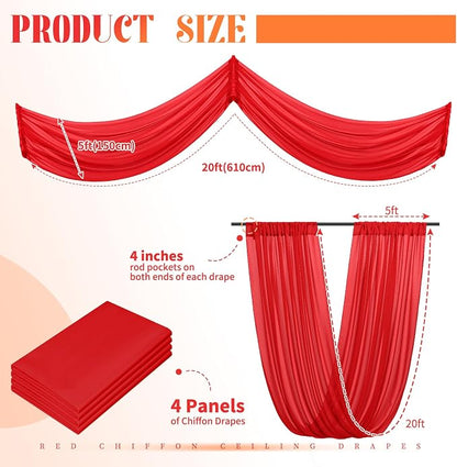 4 Panels Red Ceiling Drapes for Wedding Ceiling Drapes 5ftx20ft Wedding Arch - Image 2