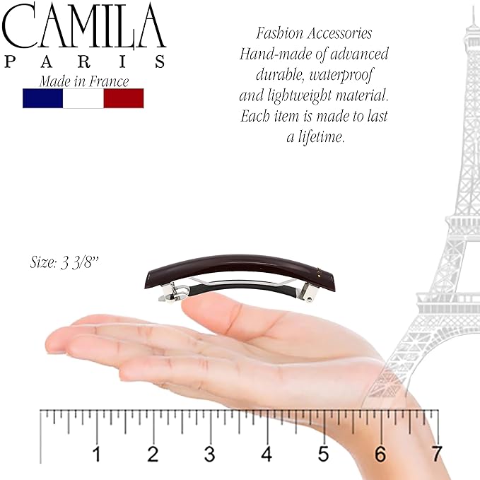 Camila Paris CP3457 French Hair Barrette Clip for Girls Brown, Rubberized Metal Clasp Strong Hold Grip Hair Clips for Women, No Slip Durable and Styling Girls Hair Accessories, Made in France