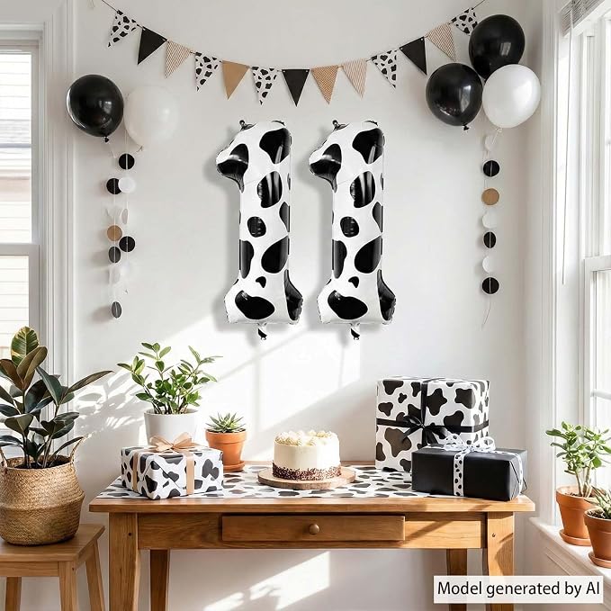 40 Inch Cow Print Number 11 Balloon, Giant Black and White Foil Number Balloons - Image 2