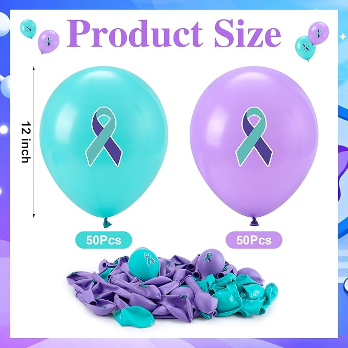 100 Pcs Suicide Prevention Awareness Balloons 12 Inch Teal and Purple Ribbon - Image 2