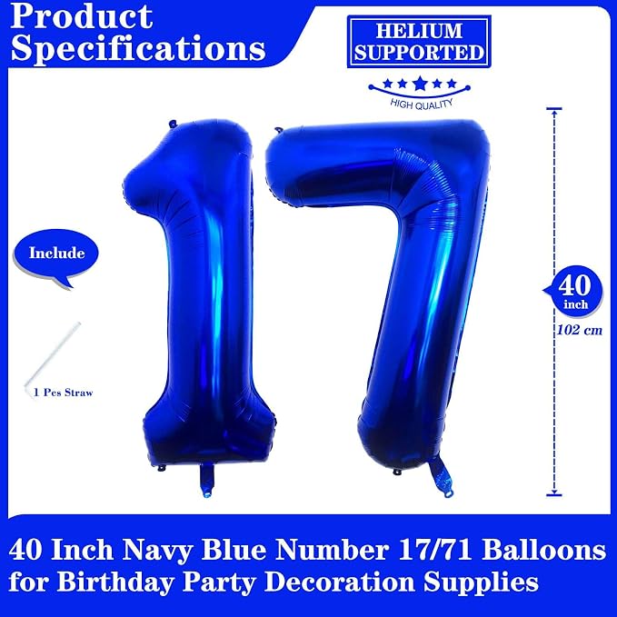 Navy Blue 17 Number Balloons, 40 Inch Giant Number 17 Balloons Foil Mylar - Image 2