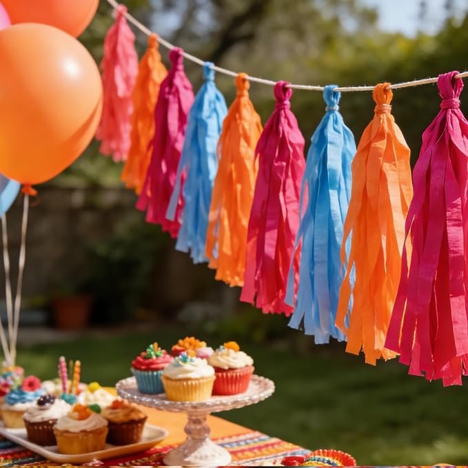Rose Red Orange Blue Red Tassel Garland，Tissue Tassel Banner Mexican Birthday - Image 4