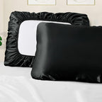 Manyshofu Satin Pillowcases for Hair Protection - 2Pcs Black Pillow Cases, Elastic Band Standard & Queen Satin Pillowcases Luxury Silky Pillow Cases Travel Pillow Covers