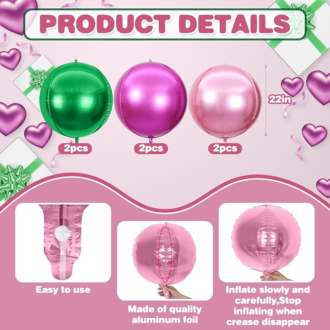 6Pcs Green Pink Round Foil Balloons, Giant 4D Round Ball Balloon, 22 Inch - Image 2