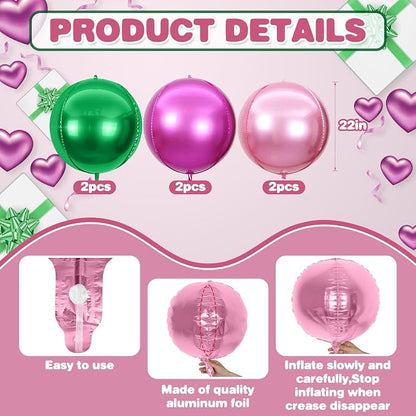 6Pcs Green Pink Round Foil Balloons, Giant 4D Round Ball Balloon, 22 Inch - Image 2