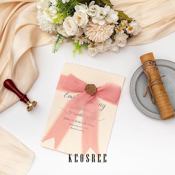 KEOSREE 3 Rolls Blush Pink Handmade Chiffon Ribbon, 1.5" x21Yd | Frayed Fringe - Image 5