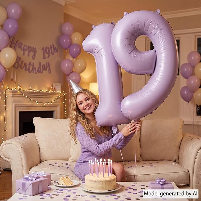 Cream Purple Number 19 Balloon 40 Inch, Foil Digits - Image 6