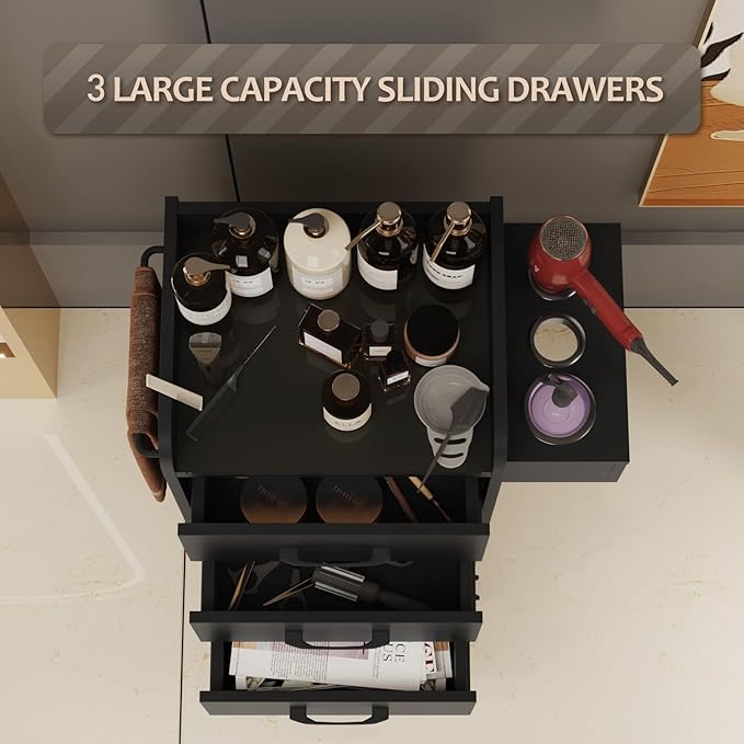 Salon Trolley Cart with Toughened Glass Top, 4 Wheels (2 Lockable) Rolling Barber Station w/Wheels, Drawers, Hair Dryer Holders, Towel Rack, Salon Storage Equipment for Hair Stylist, Black