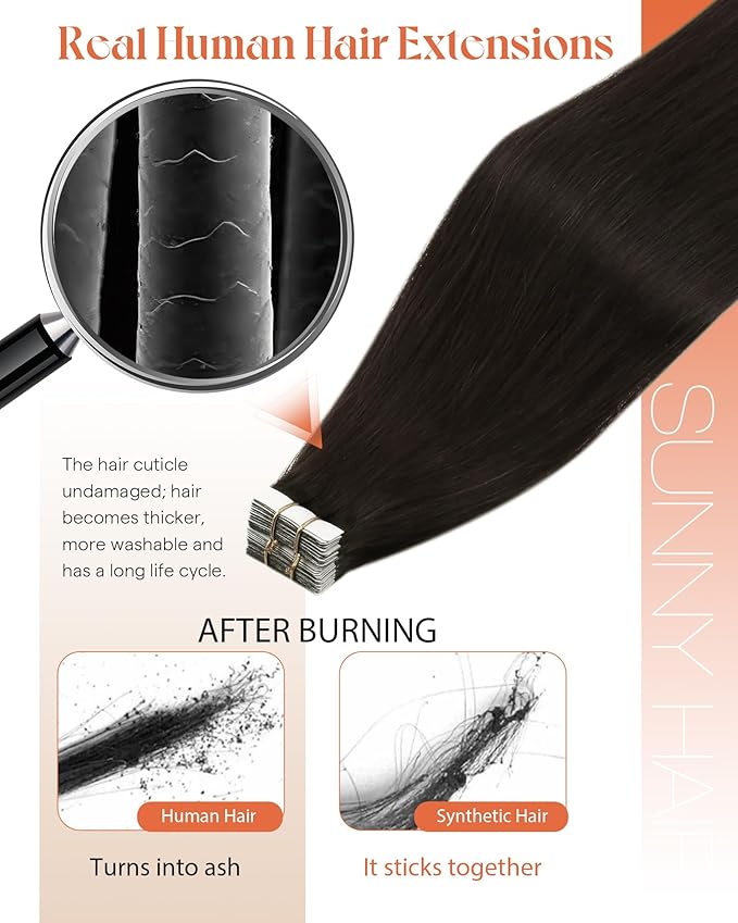Sunny Hair Tape in Hair Extensions Human Hair 18inch Hair Extensions Real Human Hair Tape in Extensions for Women Darkest Brown Invisible Natural Straight Skin Weft Double Sided Tape 40pcs 100g