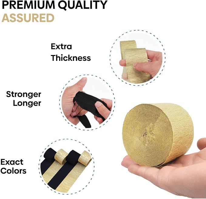 4 Gold Black Crepe Paper Streamers, 328ft Pack of Party Decorations | Each roll - Image 3