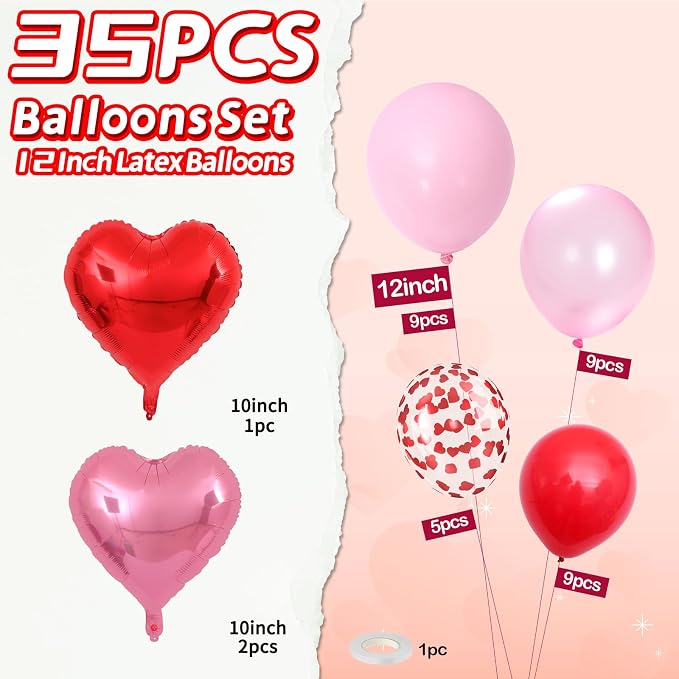 Valentine's Day Balloons, 12 Inch Pearl Pink Red Heart Shaped Confetti Latex - Image 2