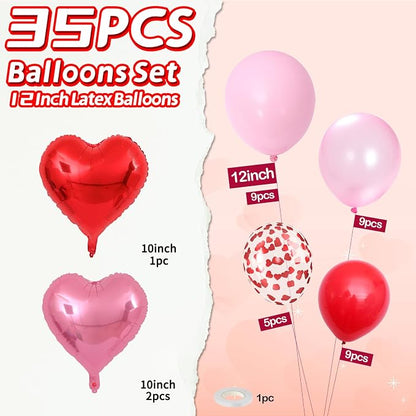 Valentine's Day Balloons, 12 Inch Pearl Pink Red Heart Shaped Confetti Latex - Image 2