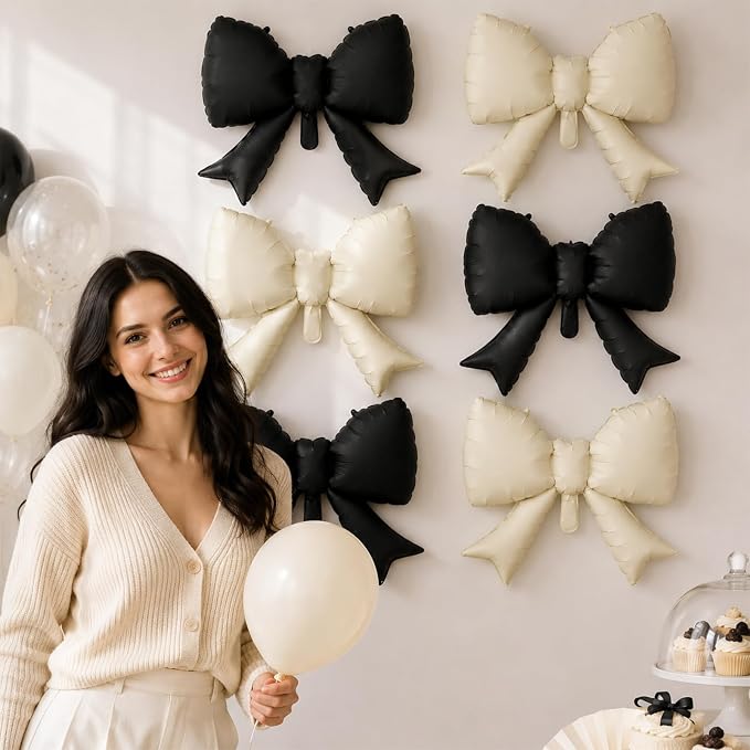 8Pcs Black White Bow Foil Balloons, 21Inch Black and White Bow Shaped Balloons - Image 5