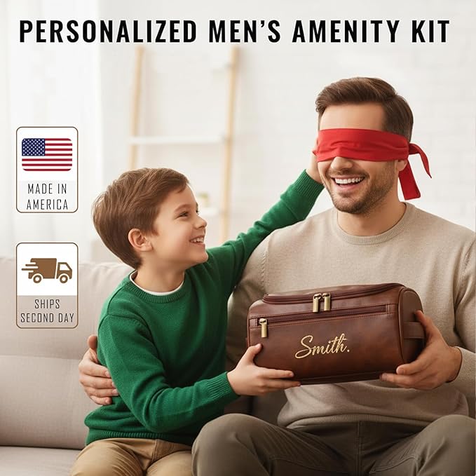 Personalized Toiletry Bag for Men, Engraved Name Initials Toiletry Bag, Customized Monogram Travel Shaving Dopp Kit for Groomsmen, Gift for Christmas, Birthday, Dad, Husband (Dark Brown)