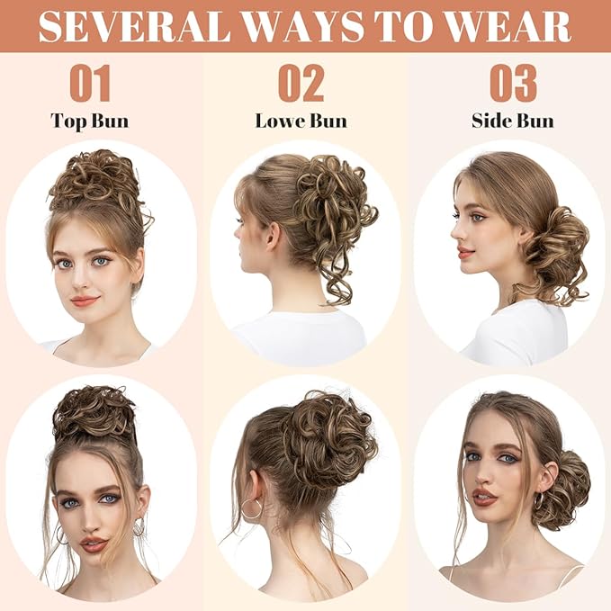 CJL HAIR 2PCS Messy Bun Hair Pieces Wavy Curly Synthetic Updo Chignon Fake Scrunchies Ponytail Extension for Women Sahara Beige