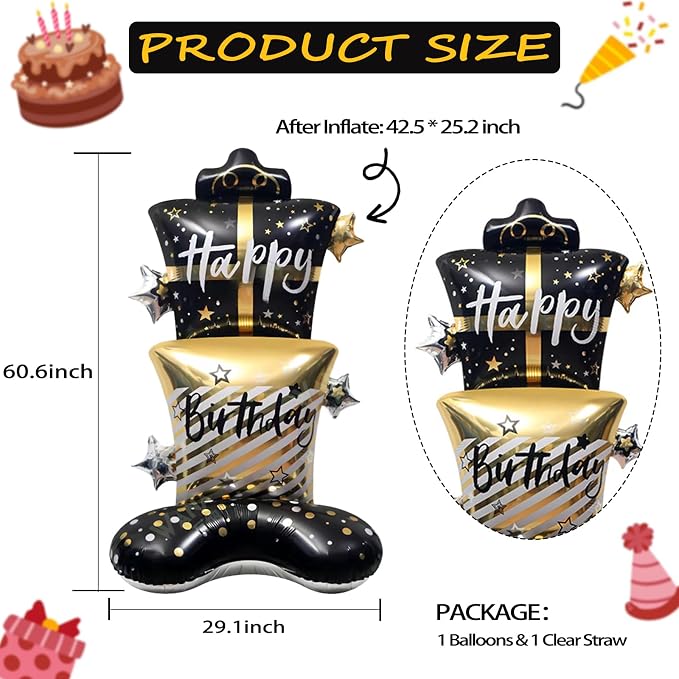 61" Black & Gold Gift Box Standing Happy Birthday Foil Balloon | giant black - Image 2