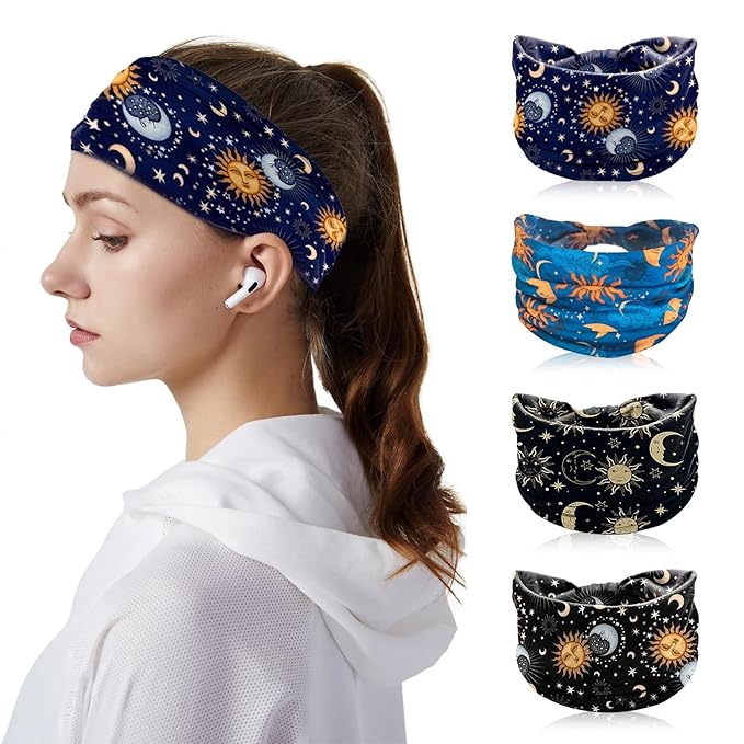 Headbands for Women, 4 Pack Boho Cotton Headbands with Moon & Star Print, Non-Slip Wide Head Bands for Yoga, Fitness, Workout, Thick Stretchy Hair Band Accessories