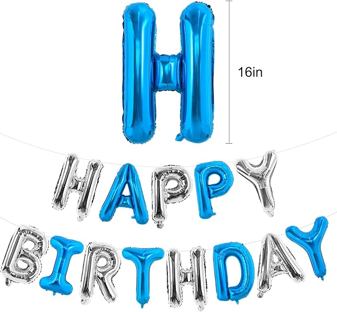TONIFUL 16 Inch Deep Blue Silver Happy Birthday Balloons Banner Decorations | - Image 2