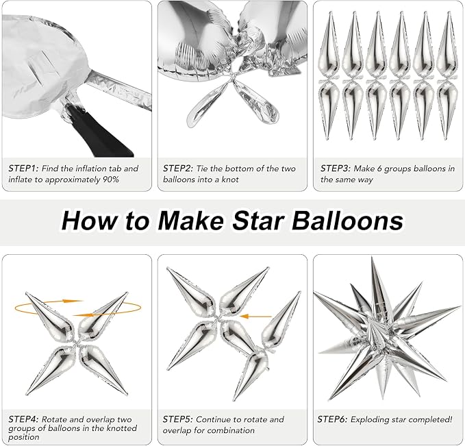 72 PCS Black and Silver Star Balloons, Large 26 Inch Foil Spike Balloons - Image 4