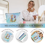 Personalized Gifts Monogrammed Birthday Gifts for Women, Cowerker Mom Mothers Day Christmas Initial 20 oz Tumbler, Makeup Bag Cup Ballpoint Pens Journal Notebook 6 Set, (Aesthetic Blue Flower B)