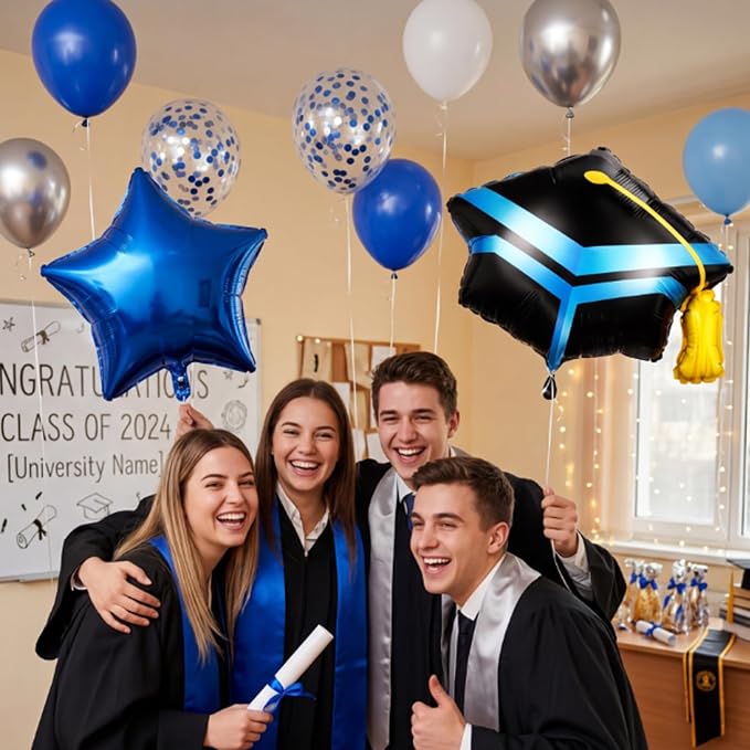 Blue Silver Graduation Balloons, Royal Light Blue Silver White Confetti Balloons - Image 8