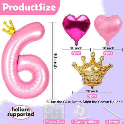 Princess 4th Birthday Party Decorations, 40 inch Large Pink Crown 4 Balloon - Image 2