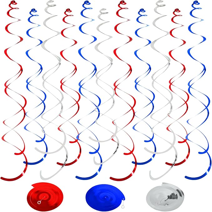 36PCS Red Blue Silver Hanging Swirl, Sparkle Ceiling Hanging Decorations by PatiCool
