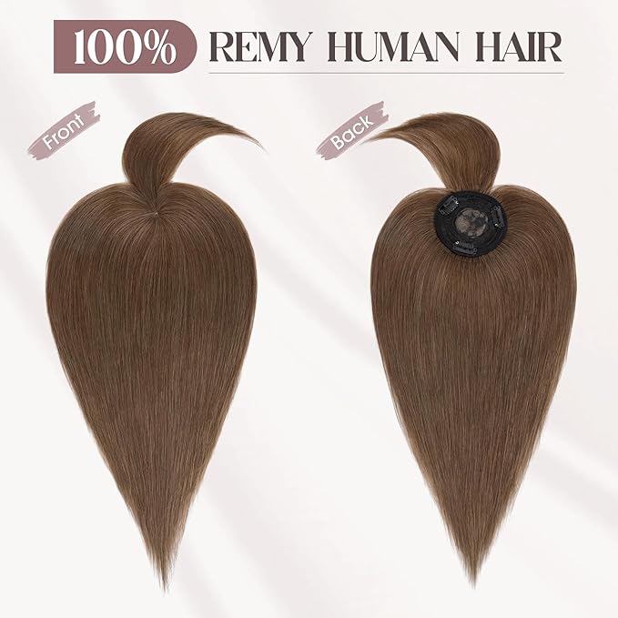 MY-LADY Human Hair Toppers for Women Real Human Hair with Bangs Thin 8.5 * 8.5CM Mono Base Clip in Remy Hairpieces Light Weight 12 Inch Medium Brown