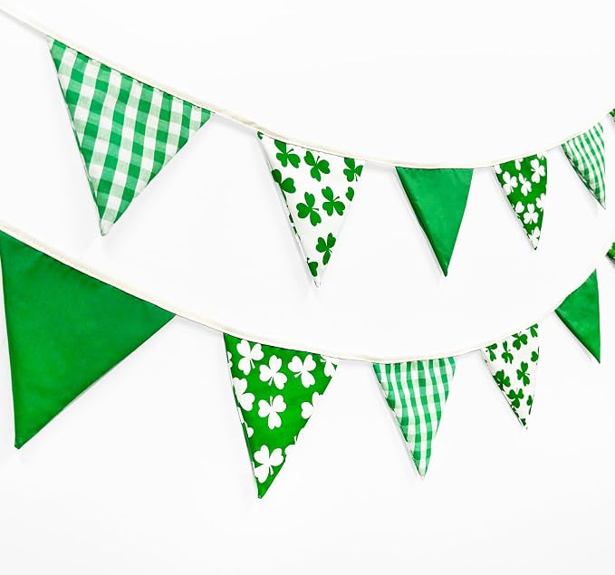 2 Sets of Shamrocks Nursery Garland 20Pcs Green Plaid Clover Pennant Banner - Image 4