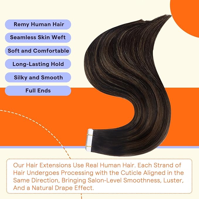 Full Shine Hair Extensions Tape in Hair Color 2 Fading to 8 Highlight 2 Darkest Brown Balayage Tape Real Human Hair 20 Inch Remy Tape Ins Extensions 50G 20Pcs Hair Extensions Add Length
