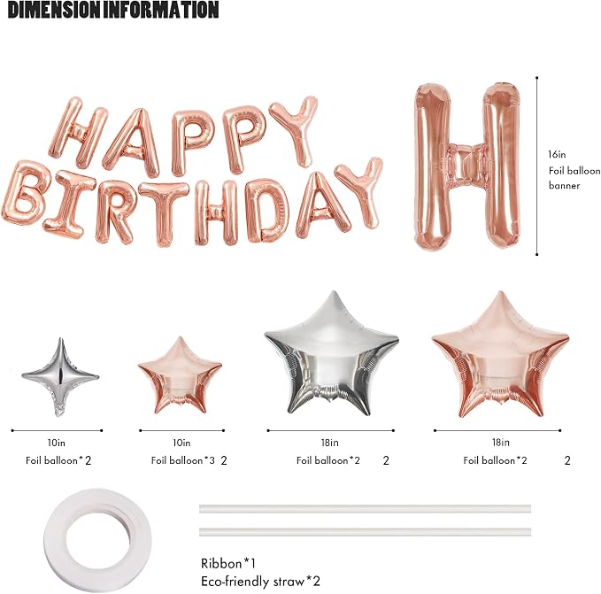 CANREVEL Happy Birthday Banner Decorations + 8Pcs Star Balloons, Rose Gold | - Image 2