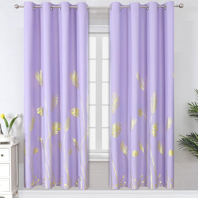 Lilac Blackout Curtains for Bedroom, Room Darkening Gold Palm Tree Pattern by ESTELARTEXTILER