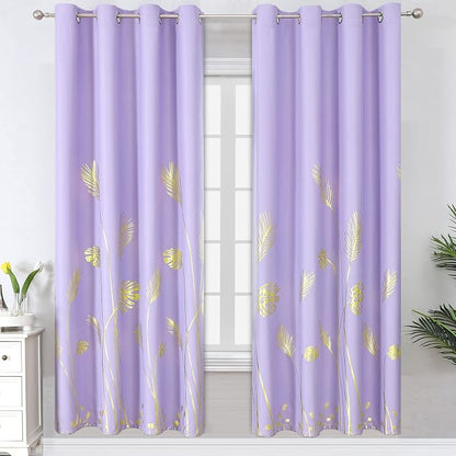 Lilac Blackout Curtains for Bedroom, Room Darkening Gold Palm Tree Pattern by ESTELARTEXTILER