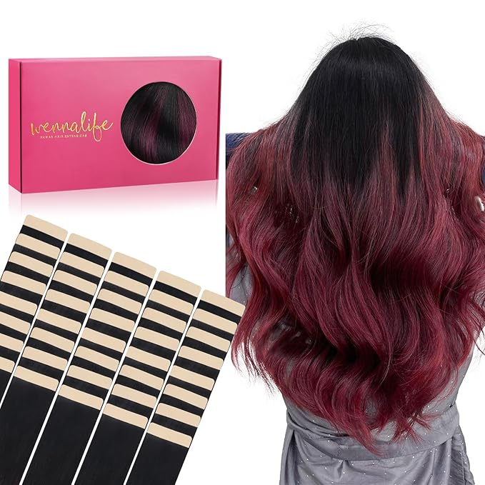 WENNALIFE Tape in Hair Extensions Human Hair, 40pcs 120g 26 inch Ombre Jet Black to Burgundy Hair Extensions Real Human Hair Straight Tape in Extensions Reusable Invisible Human Hair Extensions