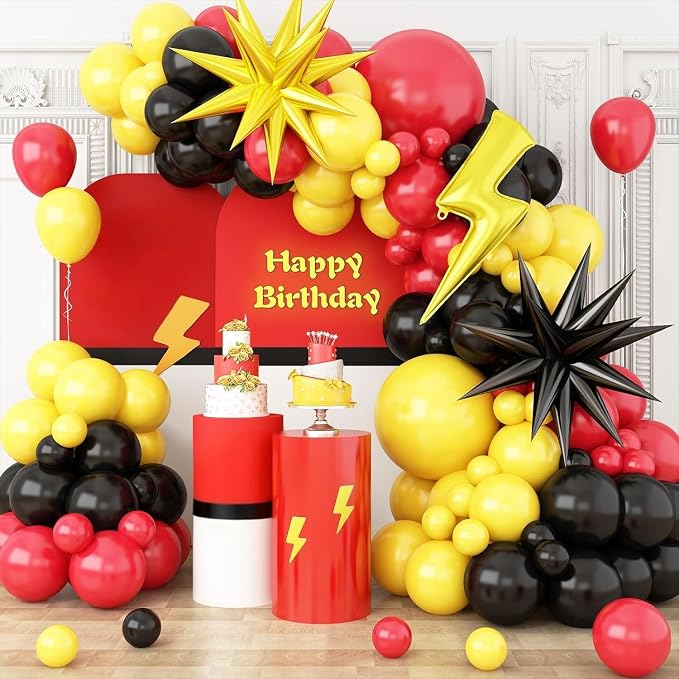 Red Black Yellow Balloons Arch Garland Kit, Cartoon Birthday Party Balloons by GRESATEK