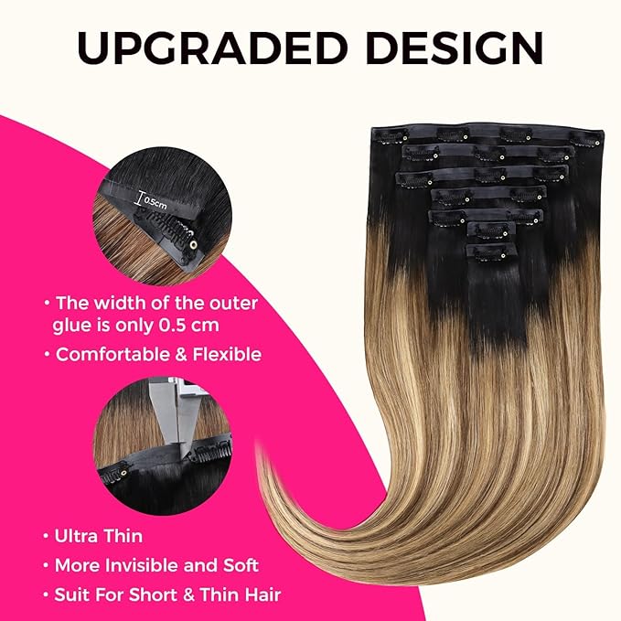 Lashey Seamless Clip in Extensions Human Hair 20 Inch 110g 7pcs Long Straight Seamless Clip in Hair Extensions Ombre Balayage Ash Brown to Honey Blonde with Dark Roots Hair Extensions Real Human Hair